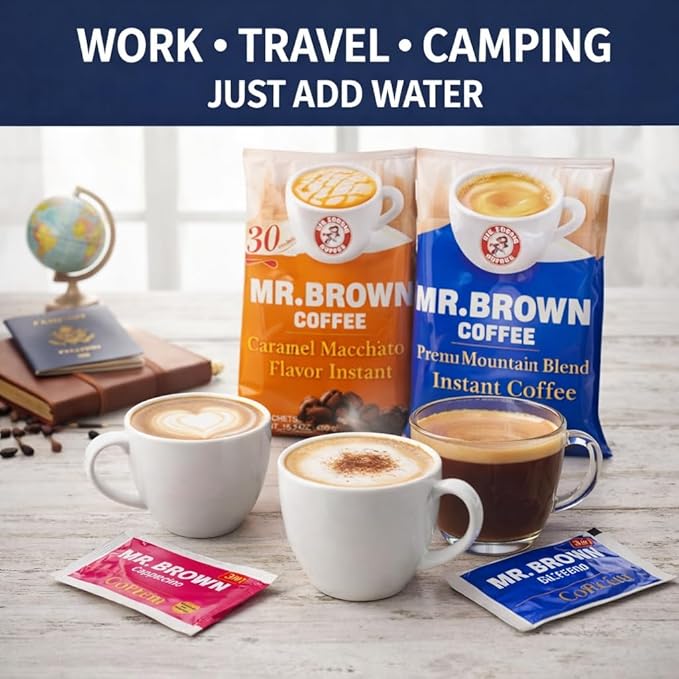 Mr. Brown Premium Instant Coffee Variety Pack - 3 Flavors (Blue Mountain Caramel Macchiato Cappuccino) - 90 Total 3-in-1 Coffee Mix Sachets - Sweet &amp Creamy