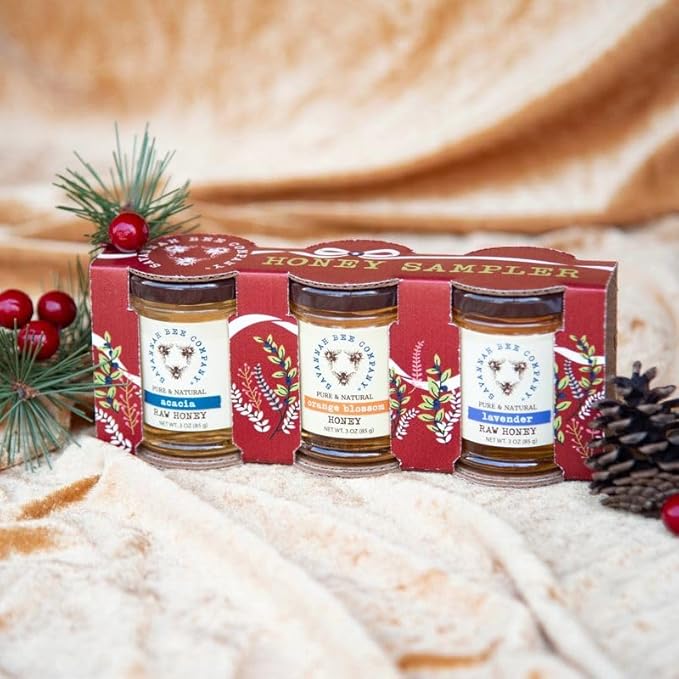 Savannah Bee Company Holiday Artisanal Honey Sampler - Premium Acacia Orange Blossom and Lavender Varietals - Perfect Gourmet Gift Set