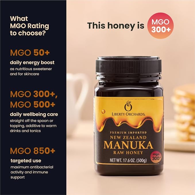 Liberty Orchards Premium Manuka Raw Honey MGO 300+ by New Zealand Non-GMO Gluten Free Daily Wellness Support Natural Sweetness HONEY Plant-Based 500g(17.6 oz)