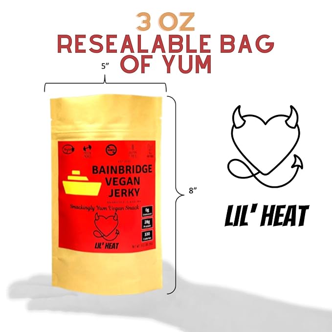 Bainbridge Vegan Jerky – Lil' Heat 28 Grams of Vegan Protein All Natural Non-GMO Gluten Free Vegan Snacks/Vegetarian Jerky 3 oz (Pack of 3)