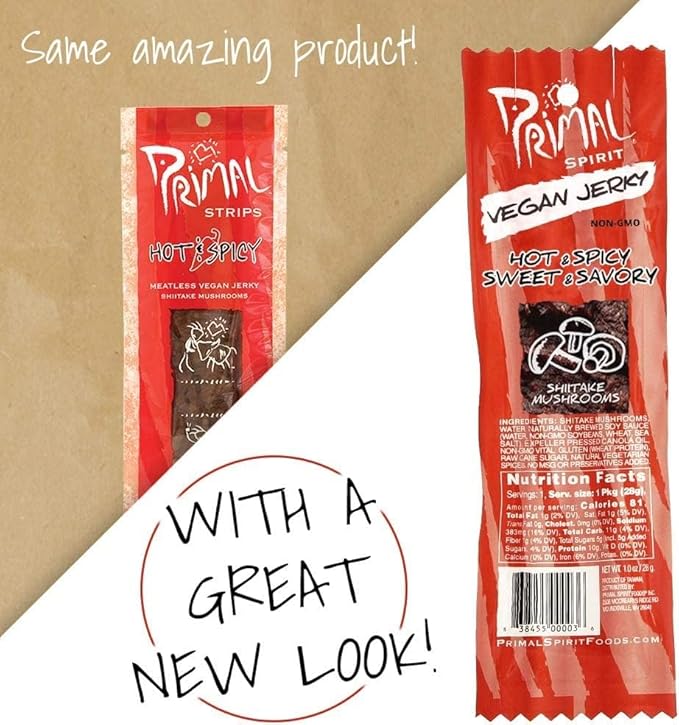 Primal Spirit Vegan Jerky “SHIITAKE MUSHROOM” – “Classic Flavor” – Hot &amp Spicy-Sweet &amp Savory 10 g. Plant Based Protein Certified Non-GMO No Preservatives Sports Friendly Packaging (24 Pac