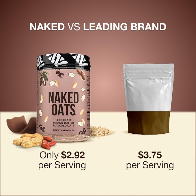 Naked Oats - Chocolate PB Overnight Oats 20g Grass-Fed Protein Gluten-Free Oatmeal Instant Breakfast or Shake High Protein Oatmeal High Fiber Breakfast Shake Non GMO No Soy - 12 Servings