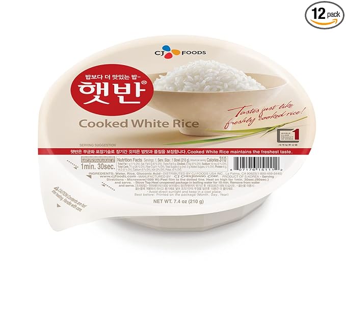CJ Rice Cooked White Hetbahn Gluten-Free &amp Vegan Instant &amp Microwaveable 7.4 Oz 12 Count