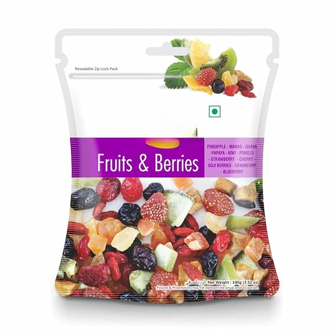 Generic Fruits &amp Berries Mix with Pineapple Mango Guava Papaya Kiwi Pomelo Strawberry Cherry Goji Berries Cranberry &amp Blueberry -100g