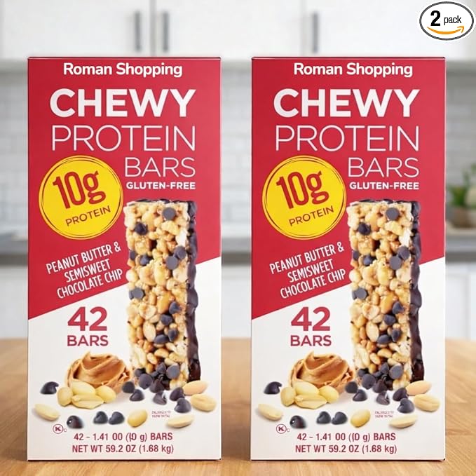 Kirkland Chewy Protein Bars Peanut Butter &amp Semisweet Chocolate Chip 2 Pack – 84 Count Bulk Family Supply 1.41 oz Each (118.4 oz Total) 10g Protein Gluten Free Kosher