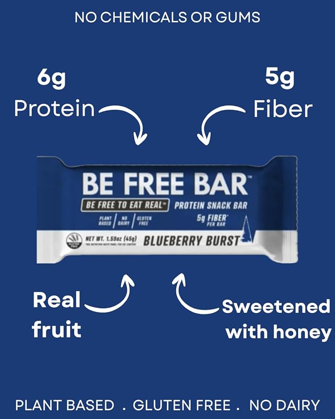 Be Free Bar Blueberry Burst (Box of 12). Award winning Protein Snack Bar made with Real Blueberries Gluten Free Dairy Free Soy Free and Plant Based. 6g Muscle Building Protein and 5g Prebiotic Chic