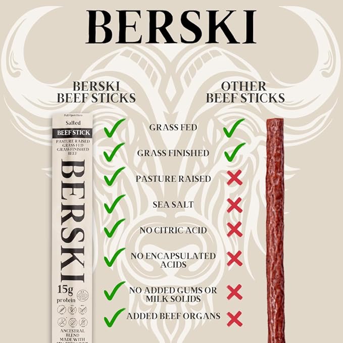 BERSKI – 2 Pack Bundle Salt &amp Pepper Beef Sticks – 100% Grass-Fed Grass-Finished – Ancestral Blend with Liver &amp Heart – Keto Paleo – Regeneratively Raised USA Beef (1oz + 1.9oz Sticks)