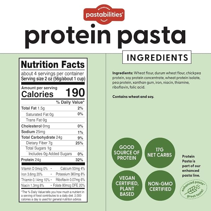 Pastabilities Ruffles Pasta Variety Pack - Low Calorie High Fiber &amp High Protein Pasta - (2 Packs Each) Plant Based Non GMO Certified with 22g Protein and 20g Net Carbs (6 Pack 8 Oz)
