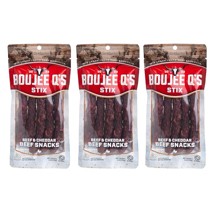 Boujee Q’s Beef Stix - Beef &amp Cheddar - 100% Soft Beef Snack Sticks - Smoked Jerky-Style Protein Snack - Gluten-Free Low Carb No Sugar Keto Friendly - Made in USA - 3 Pack