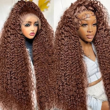 250% Density Curly Human Hair wig 13x6 Auburn Brown Mongolian Deep Transparent Lace Front Wigs for Women With Baby Hair Chocolate Curly Lace Front Wig 24 Inch