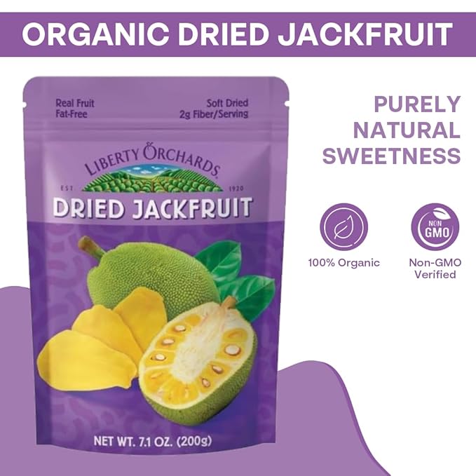 Liberty Orchard Organic Dried Jackfruit with No Added Sugar - Enjoy the Bold Flavor of Jackfruit with Fiber-Rich Snack Packs- Soft Nutrient-Packed Dried Jackfruits Ideal for Recipes - 2 Pack - 200g