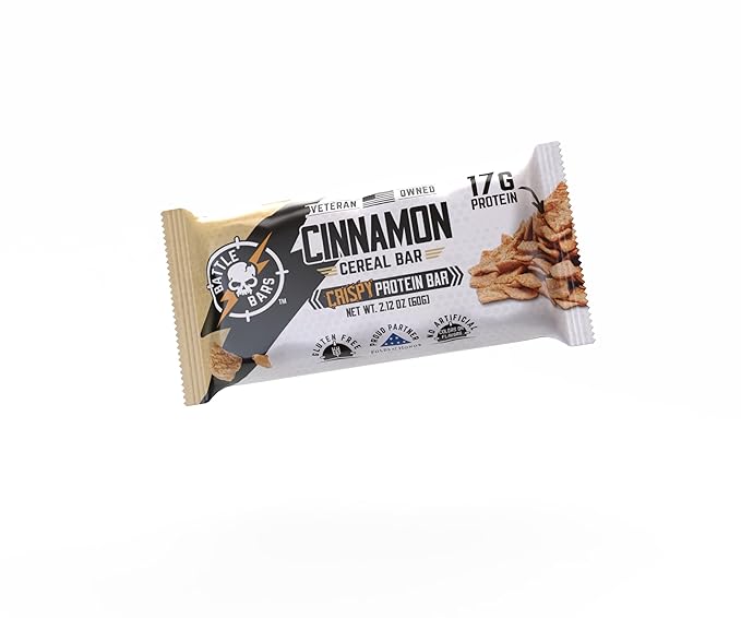 Battle Bars Crispy Protein Bar 17g Protein per serving - Gluten Free No Artificial Flavors or Colors - Veteran Founded - Cinnamon Cereal (60g) 12 Count