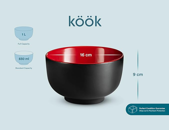 KooK Ramen Bowl Japanese Bowls Noodle Bowls Large Soup Bowl Ceramic Large Capacity For Ramen Pho Udon Soba Microwave and Dishwasher Safe 34 oz Set of 4 (Black/Red)
