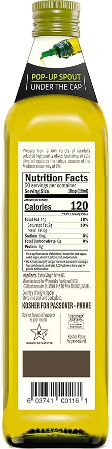 Zeta Extra Virgin Olive Oil 25.3 fl oz | Premium Glass Bottle with Pop-Up Spout | Cold-Pressed | Product of Spain | Ideal for Baking Cooking Grilling Roasting Pasta &amp Salads