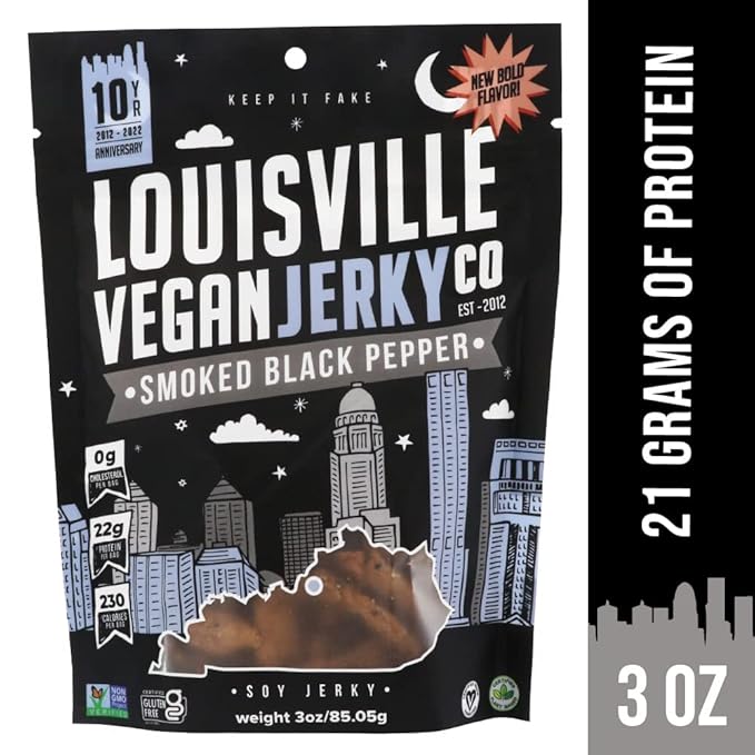 Louisville Vegan Jerky - Smoked Black Pepper Vegan and Vegetarian Meat 19 Grams of Non-GMO Soy Protein 310 Calories per Bag Gluten-Free High Protein Vegan Snacks - 3 oz 10 Pack