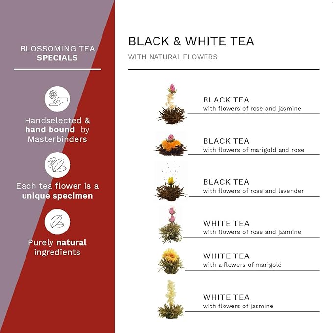 Creano Blooming Tea Gift Set with Glass Pot 17oz/500ml with 6 Flowering-Tea each 3pcs White &amp Black Tea