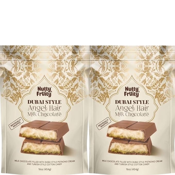 Nutty Fruity Dubai Angel Hair Milk Chocolate Premium Middle Eastern Style Chocolate Candy Creamy Milk Chocolate with Delicate Shredded Filling 16 oz (Pack of 2)
