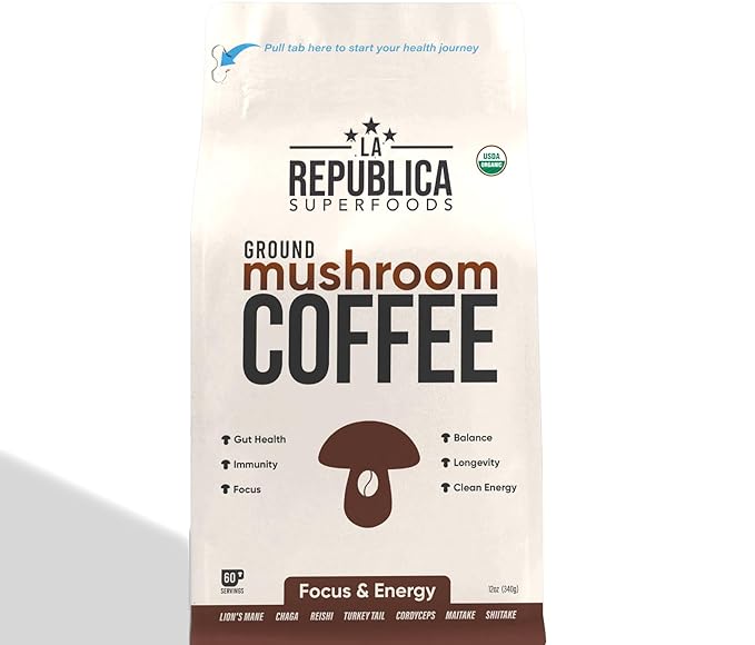 La Republica Ground Mushroom Coffee Organic Fair Trade Arabica with Superfood Mushrooms (Medium Roast 60 Servings)