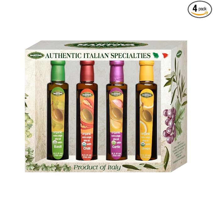 Mantova Organic Flavored Extra Virgin Olive Oil Variety Pack – Garlic Basil Chili and Lemon (8.5 oz Bottles Pack of 4) – Perfect for Cooking Dressing and a Great Gift Item