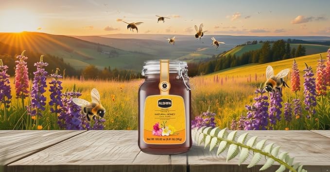 ALSHIFA Natural Honey 6.61lb (3kg) | Pack of 1 | Raw Pure &amp Unpasteurized | 100% Pure Wildflower Honey | Healthy &amp Rich in Nutrients | No Added Sugar | Glass Bottle