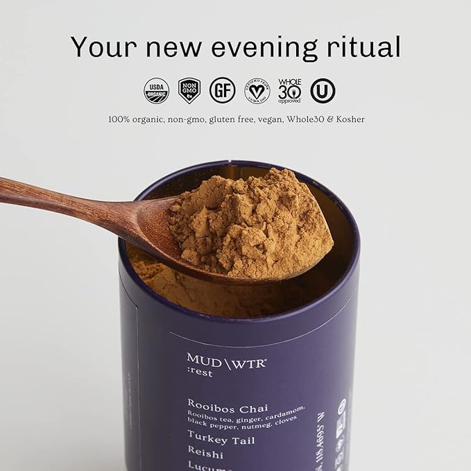 MUD\WTR - :rest Evening Ritual Starter Kit - Organic Mushroom Tea - Hints of Chamomile and Chai Flavors - Includes 30-Serving :rest Tin &amp Frother - Caffeine-Free Vegan Gluten Free Kosher Non-G