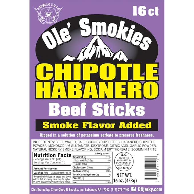 Buffalo Bills Chipotle Habanero Ole' Smokies 16-ct Bulk 9-Inch Beef Sticks (two 1-lb bags)