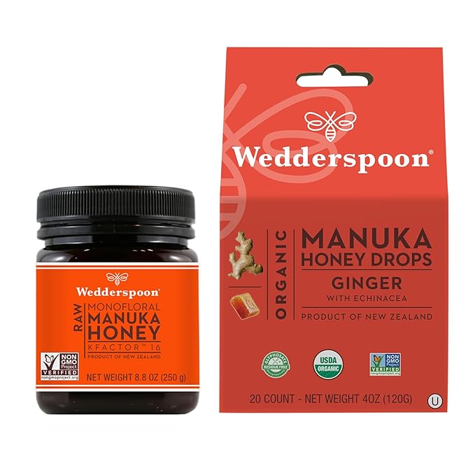 Wedderspoon Raw Premium Manuka Honey KFactor 16 (8.8 Oz Pack of 1) and Manuka Honey Drops Ginger &amp Echinacea (20 Count Pack of 1) - Genuine New Zealand Honey Perfect Remedy For Dry Throats