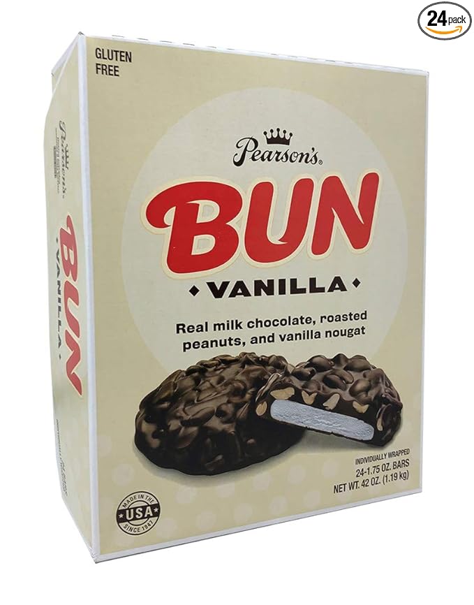 Pearson's Vanilla BUN Cluster Bar | Roasted Peanuts Real Milk Chocolate and Vanilla Nougat | Pack of 24 | Individually Wrapped