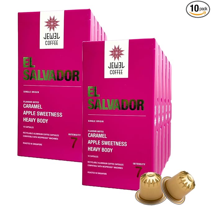 Jewel Coffee Specialty Coffee Pods - El Salvador Single Origin 100% Arabica Coffee Intensity 7 Medium Roast Compatible with Original Nespresso Machines 100 Count (10 Boxes of 10 Espresso Pods)