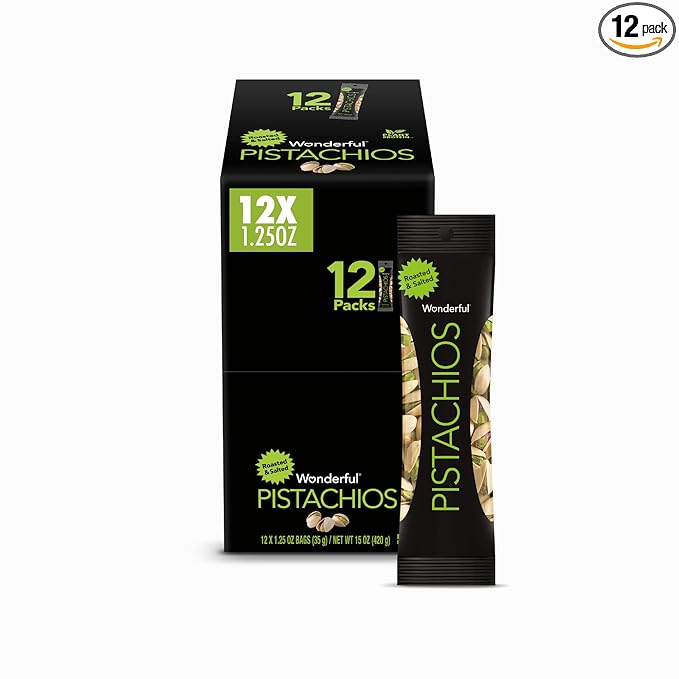 Wonderful Pistachios In Shell Roasted and Salted Nuts 1.25 Ounce Bag (Pack of 12) Protein Snack On-the Go Individually Wrapped Healthy Snack