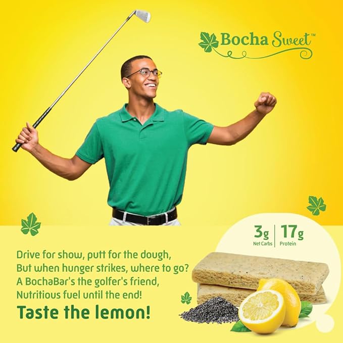 BochaSweet Keto Protein Bar Lemon Poppyseed BochaBar 17g Grass Fed Collagen Low Carb Keto-Friendly Gluten Free 12 Count