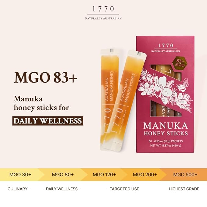1770 Naturally Australian MGO 83+ Manuka Honey Sticks 30 x 15g Organic Honey for Tea Yogurt &amp Travel Snacks