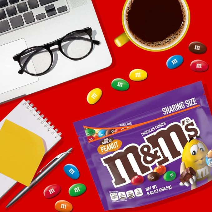 M&ampM'S Peanut Dark Chocolate Candy Bulk 9.4 oz Resealable Bag (Pack of 8) â€“ Dark Chocolate Candy Assortment for Parties Movie Snacks and Office Treats