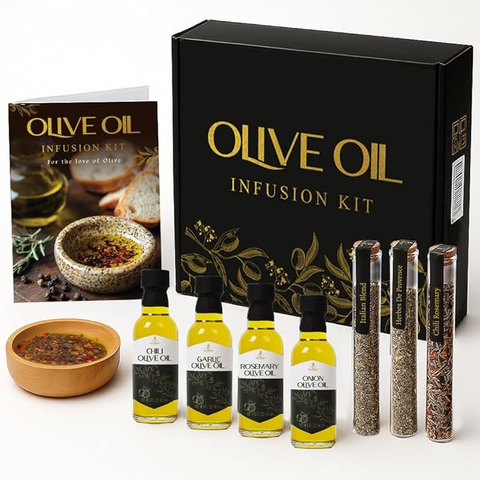 Infused Olive Oil Gift Set – Variety Pack - 4 Flavored Olive Oil Extra Virgin 3 Spice Flavorful Infusion Blends Bread Dipping Bowl &amp Recipe Booklet - Set of 8 – Gourmet Cooking Gifts for Women -