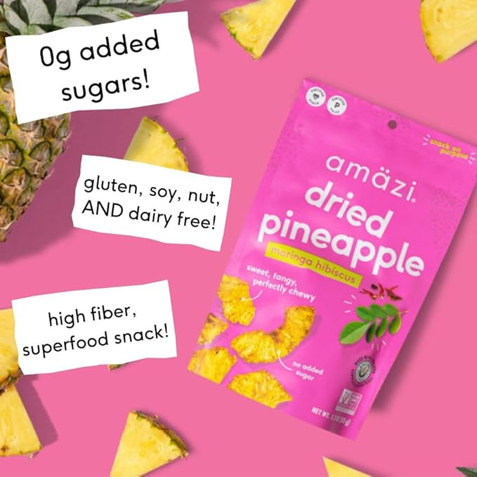 Amäzi Foods | Dried Pineapple - Moringa Hibiscus (6 Pack) | All Natural Snacks | No Sugar Added Dried Pineapple | Dehydrated Fruit