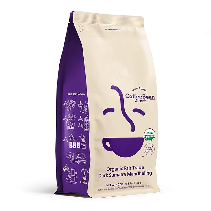 Coffee Bean Direct Organic Fair Trade Dark Sumatra Mandheling Whole Bean Coffee Arabica Coffee Dark Roast 2.5 Pound Bag (Pack of 1)