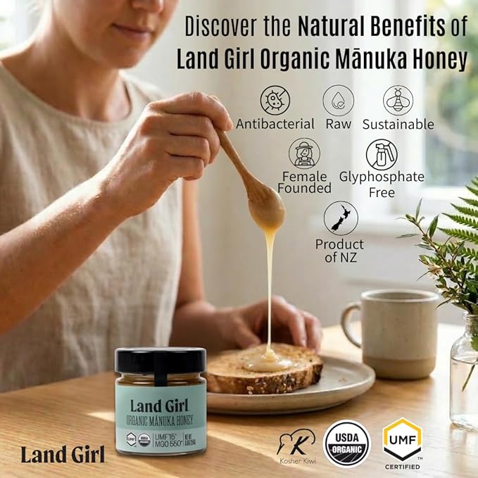 Land Girl Organics New Zealand Raw Premium Manuka Honey | Monofloral USDA Certified Organic Superfood UMF 15+ MGO 550+ Medical Grade 8.8 oz Glass Jar