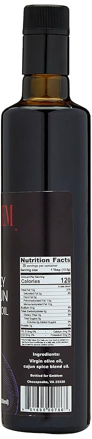Emblem 100% Extra Virgin and Infused Olive Oil for Everyday Kitchen Use | Cold Extracted Cooking &amp Baking | Non GMO Keto Vegan Friendly 500ml (Spicy Cajun)