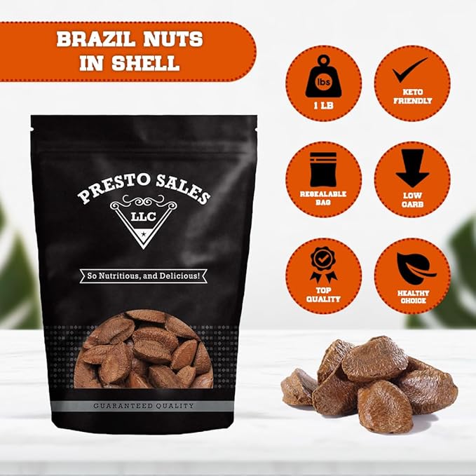 Brazil Nuts In shell Polished Large 16 oz. Raw Brazil Origin KETO Vegan Non-GMO And Natural Whole Superior High-Protein &amp Easy to Crack Resealable Bags of 1 lb. by Presto Sales