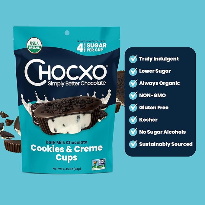 Chocxo Dark Milk Chocolate Cookies &amp Crème Cups - Lower Sugar 69% Organic Cacao NonGMO Keto Gluten Free Kosher No Artificial Sweeteners/Sugar Alcohols 3.45 oz (Pack of 6)