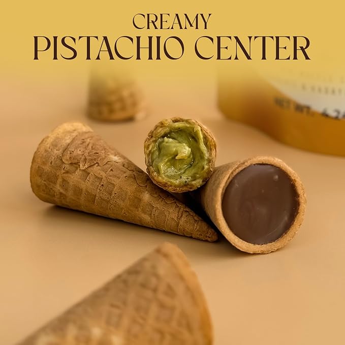BEEMAX Dubai Style Chocolate Cones Mini Waffle Filled with Milk Pistachio Cream &amp Crunchy Kadaifi Gourmet Middle Eastern for Gifting &amp Indulging 4.24 oz Resealable Pouch 2-Pack
