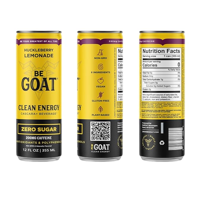 BeGOAT Clean Energy | Huckleberry Lemonade Zero Sugar | 6 Ingredients Plant-Based Zero Sugar Non-GMO Vegan | 200mg Natural Caffeine | 12 fl oz Cans (Pack of 12)
