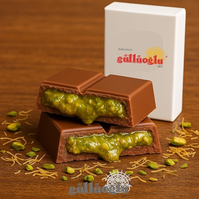 Gulluoglu Dubai Chocolate Kunafa Pistachio - (The Original) 3.4 oz - 95 gr daily fresh shipment Ideal Gift for all Occasions Gulluoglu Kunafa Dubai Chocolate Bar Pistaciho (5 pcs)