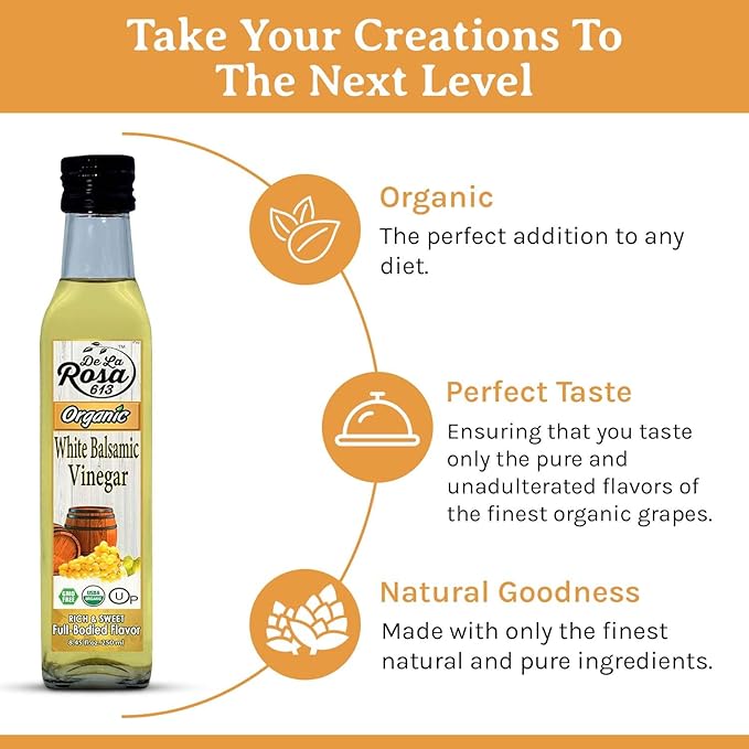 De La Rosa Organic White Balsamic Vinegar Aged in Spanish Wood Barrels Kosher for Passover Vegan &amp Gluten-Free Great for Salad Dressing Marinades Organic Balsamic Vinegar 8.45 Oz (Pack of 2)