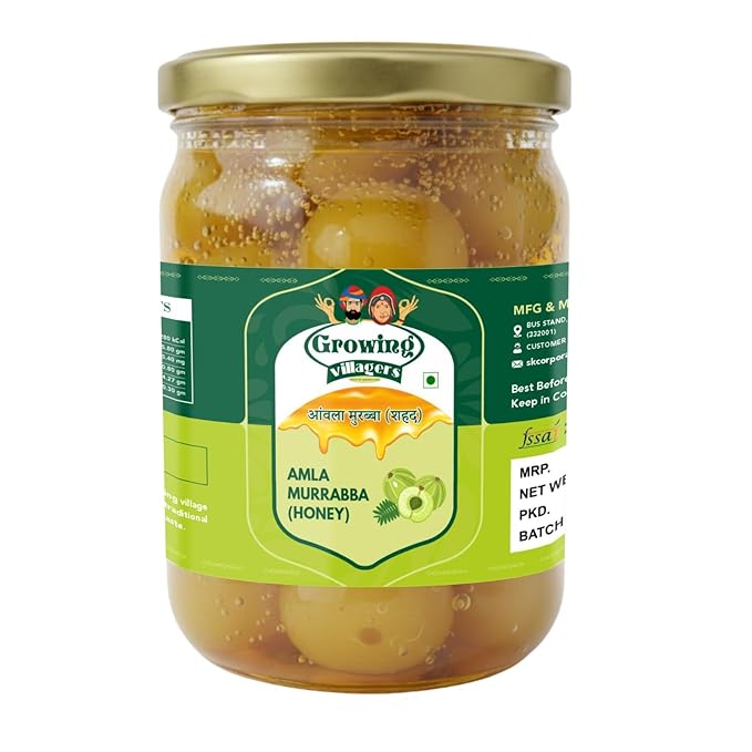Growing Villagers Organic Amla Murabba in Honey 600g | Vitamin C Rich Immunity Booster | Organic Indian Gooseberry Soaked in Honey | Antioxidant Nutritional Powerhouse