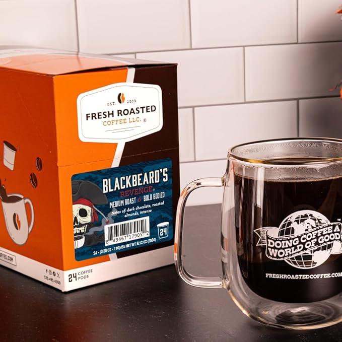Fresh Roasted Coffee Blackbeard's Revenge Medium Roast 72 Pods for K Cup Brewers
