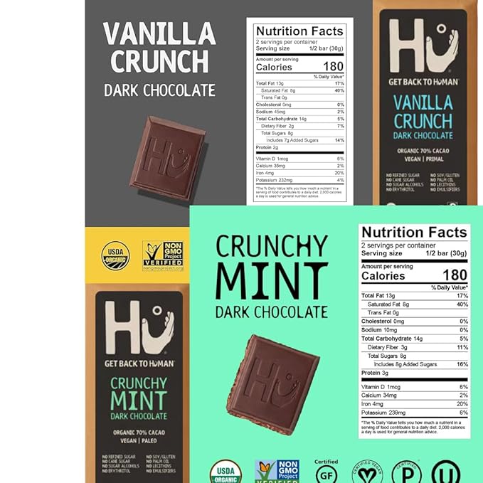 HU Dark Chocolate Bars Variety Pack 8 Count – Simple Salty Cashew Buter Raspberry Hazelnut Btr Cashew Bttr &amp Vanilla Bean Almond Butter &amp Puffed Quinoa Vanilla Crunch &amp Crunchy Mint