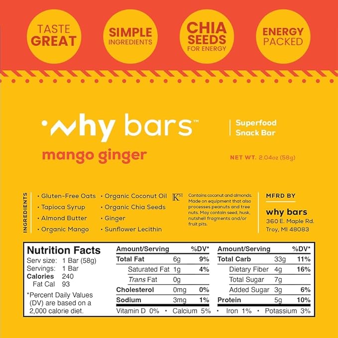 Why Bars Superfood Protein Bars 2.04 Ounce Bars - Protein Bar Superfood Gluten Free Non GMO Organic Vegan Simple Ingredients (Mango Ginger)