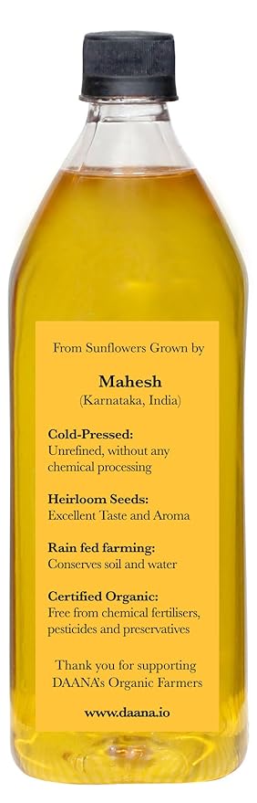 Daana Sunflower Oil: Certified USDA Organic Extra Virgin Cold Pressed High Oleic Non-GMO. Healthy Oil for Cooking Baking Frying Hair and Skin Care. Pesticide and Chemical Free (34 Fl oz) (Pack