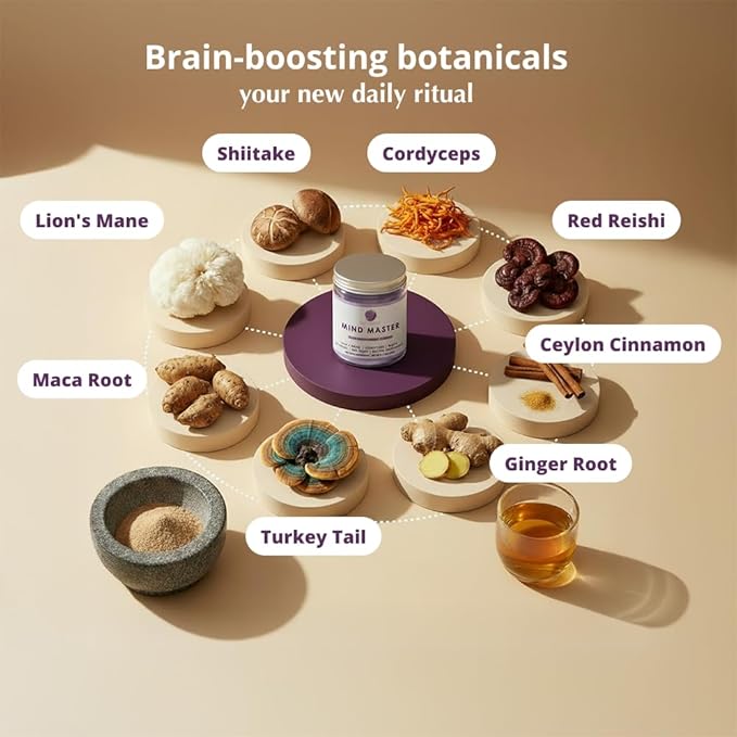 Mind Master Mushroom Powder Blend – Brain Health Supplement with Lion’s Mane Cordyceps Maca Shiitake Red Reishi &amp Ceylon Cinnamon – Mix into Coffee Tea or Smoothies Any Time of Day 2.1 oz Pow